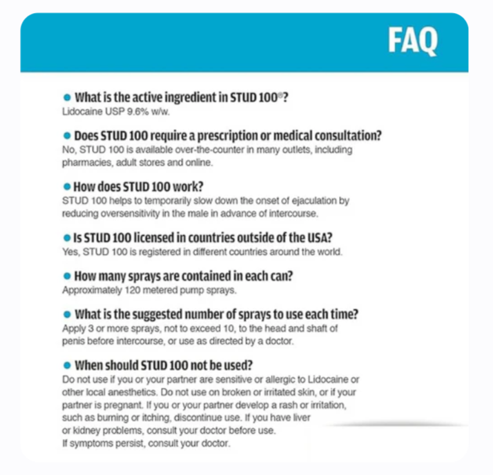 STUD 100-Spray désensibilisant génital masculin.