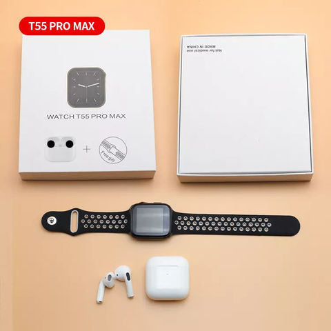 Montre intelligente T55 Pro Max avec deux bracelets et écouteurs sans fil inclus